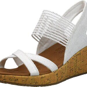 Women's High Heel Sandals White Fabric Rubber Sole Slip On Wedge Comfort